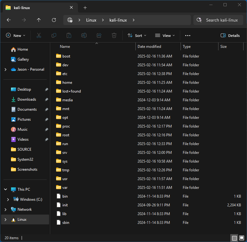 Win11 File Explorer Kali Root Filesystem